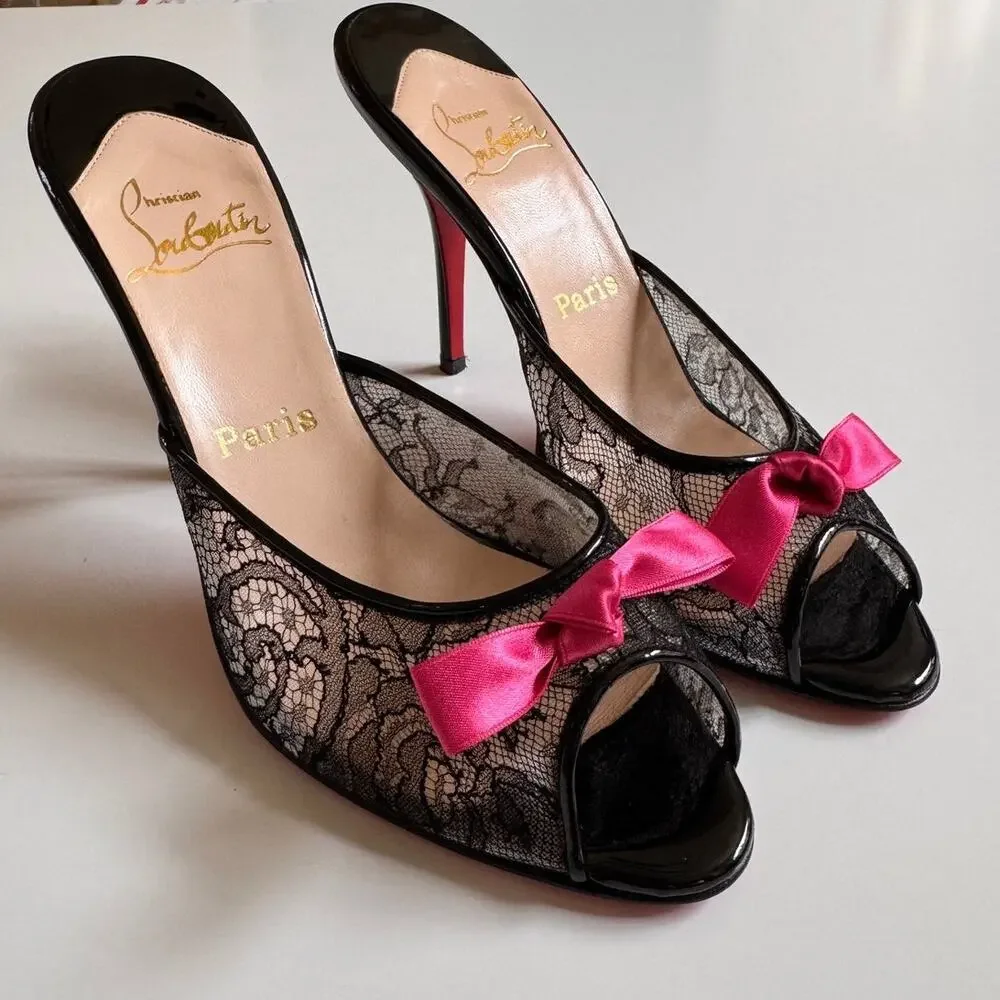 Christian Louboutin Black Lace Pink Accent Bow Peep Toe Mule Slide Size 39 US 9